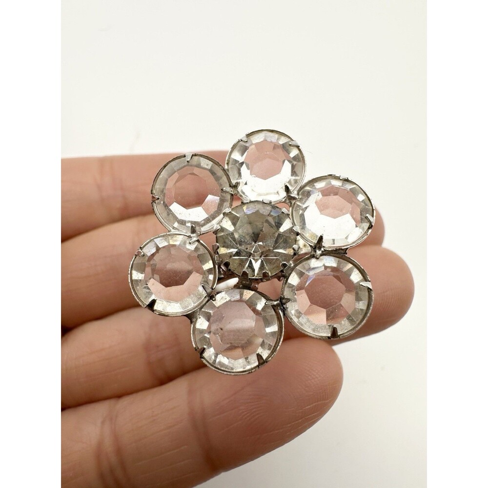 Vintage Clear Crystal Flower Ring Silver Tone Size 6